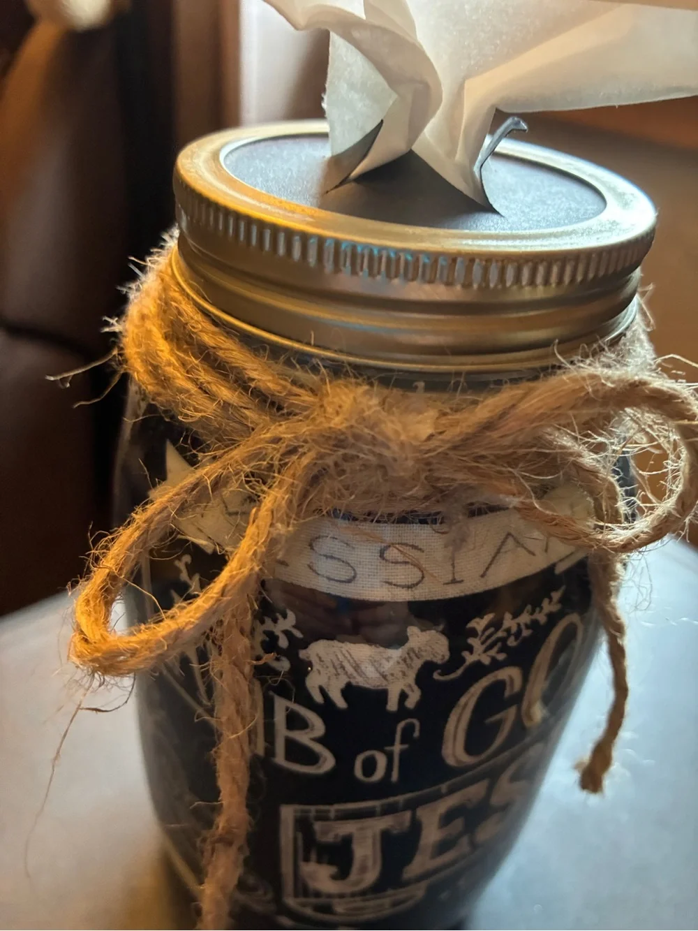 Rustic Black 'Jesus'  Mason Jar Tissue Dispenser 7”